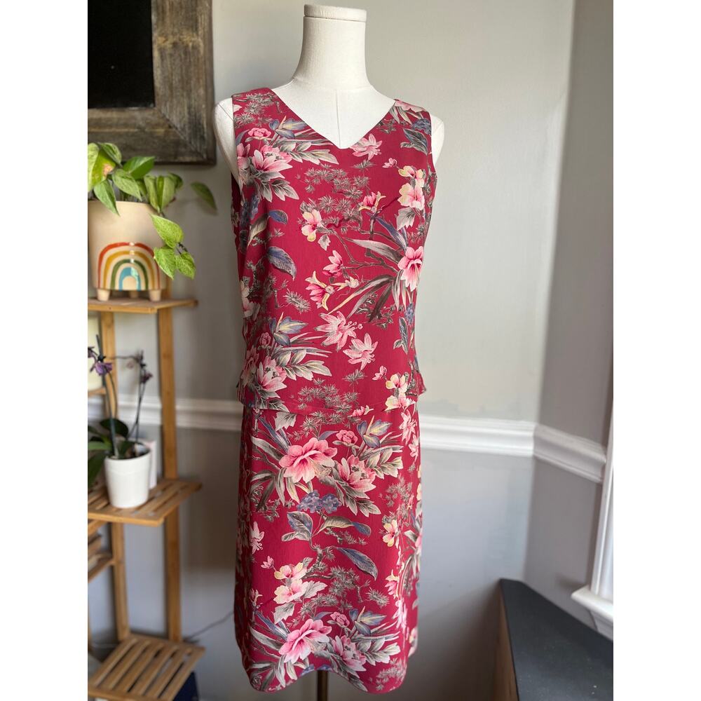 Vintage Y2K Pink Floral Midi Skirt Set Tank Tropical Caribbean Size 8 Medium